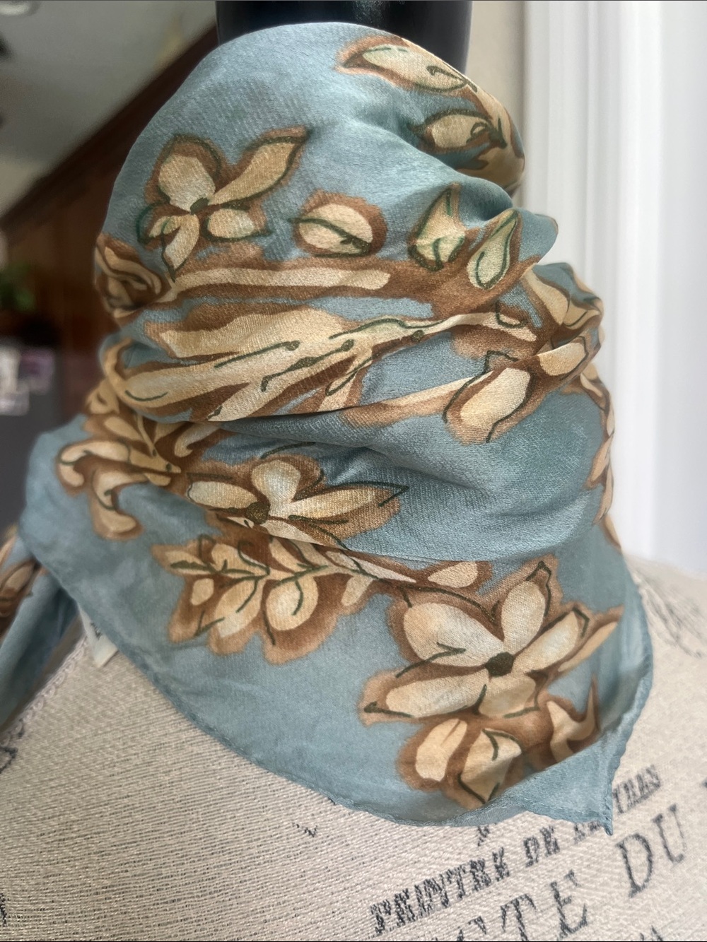 Vintage blue 100% silk Ann Taylor tan and brown botanical hand rolled 16" x 16"